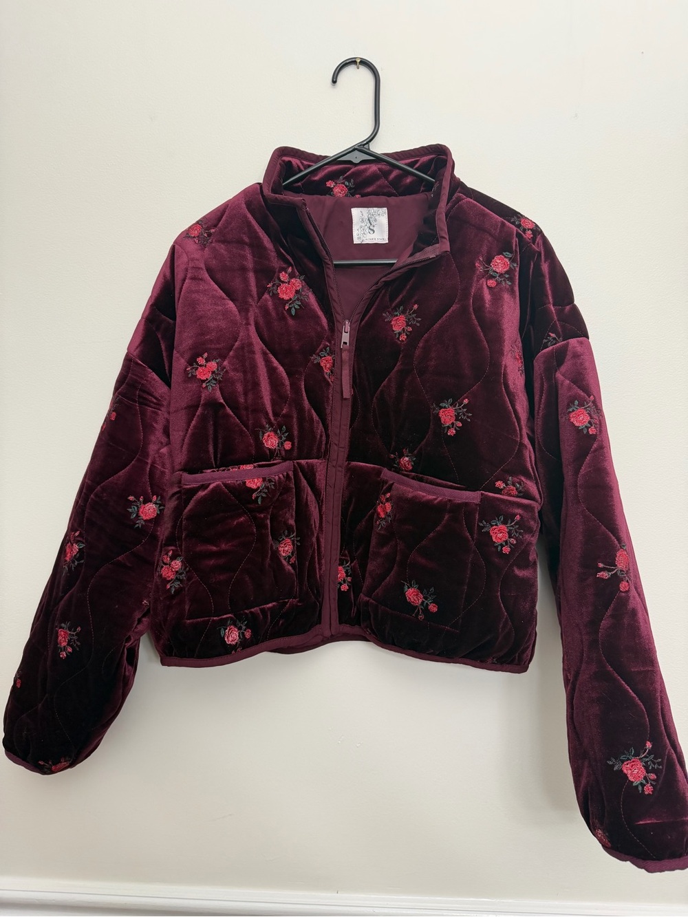 Altar'd State Freya Velvet Burgundy Quilted Jacket with Rose Floral Embroidery - Picture 5 of 6
